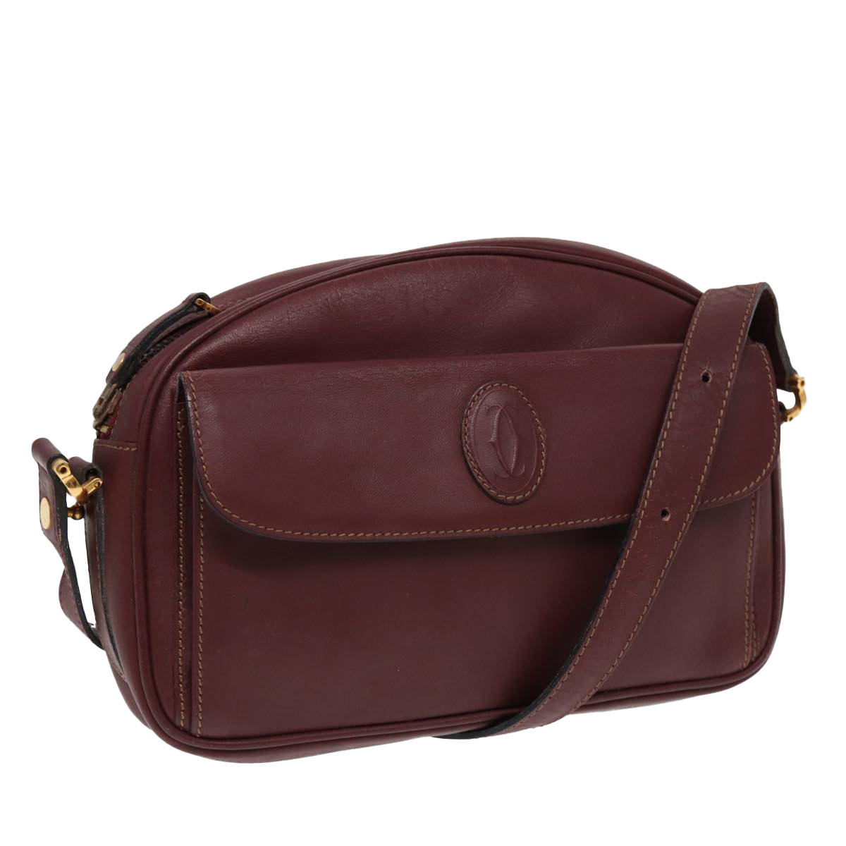 Cartier Shoulder Bag Leather Bordeaux Gold Auth 87277
